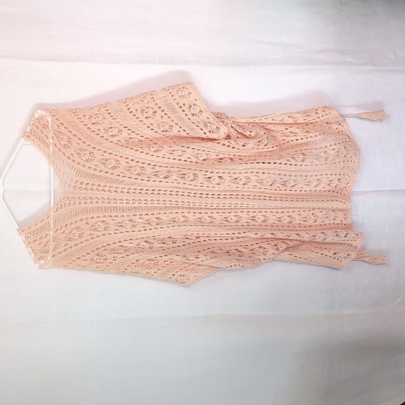 🍉 Peach Open Knit Crocheted Poncho Ruched Tie Sides Bohemian One Size - Picture 4 of 4